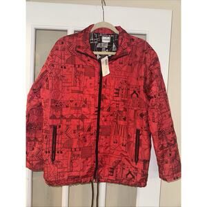 Chicos Red Silk jacket Red with Black Embroidery Size 1 Medium Tribal Abstract